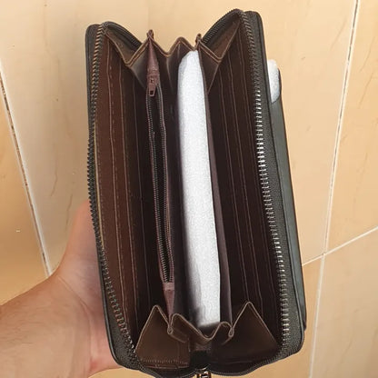 Baleleriy Men's Leather Zipper Wallet with Phone Holder-Multi-Purpose Long Wallet Black