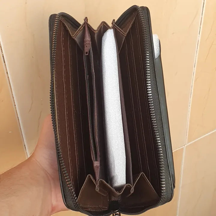 Baleleriy Men's Leather Zipper Wallet with Phone Holder-Multi-Purpose Long Wallet Brown
