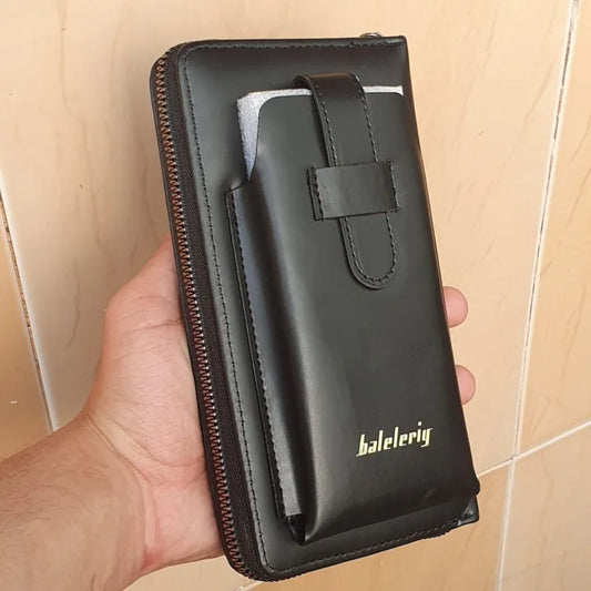 Baleleriy Men's Leather Zipper Wallet with Phone Holder-Multi-Purpose Long Wallet Black