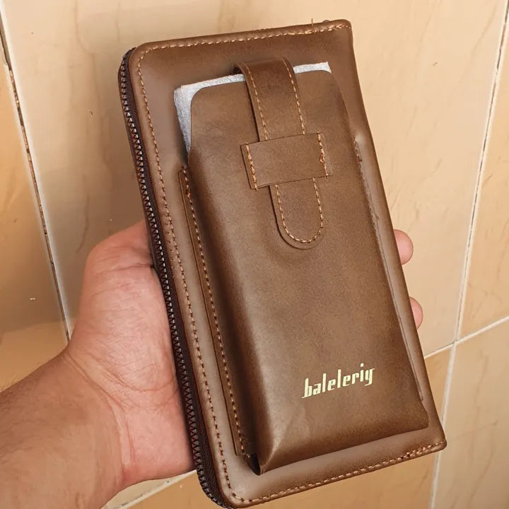 Baleleriy Men's Leather Zipper Wallet with Phone Holder-Multi-Purpose Long Wallet Brown